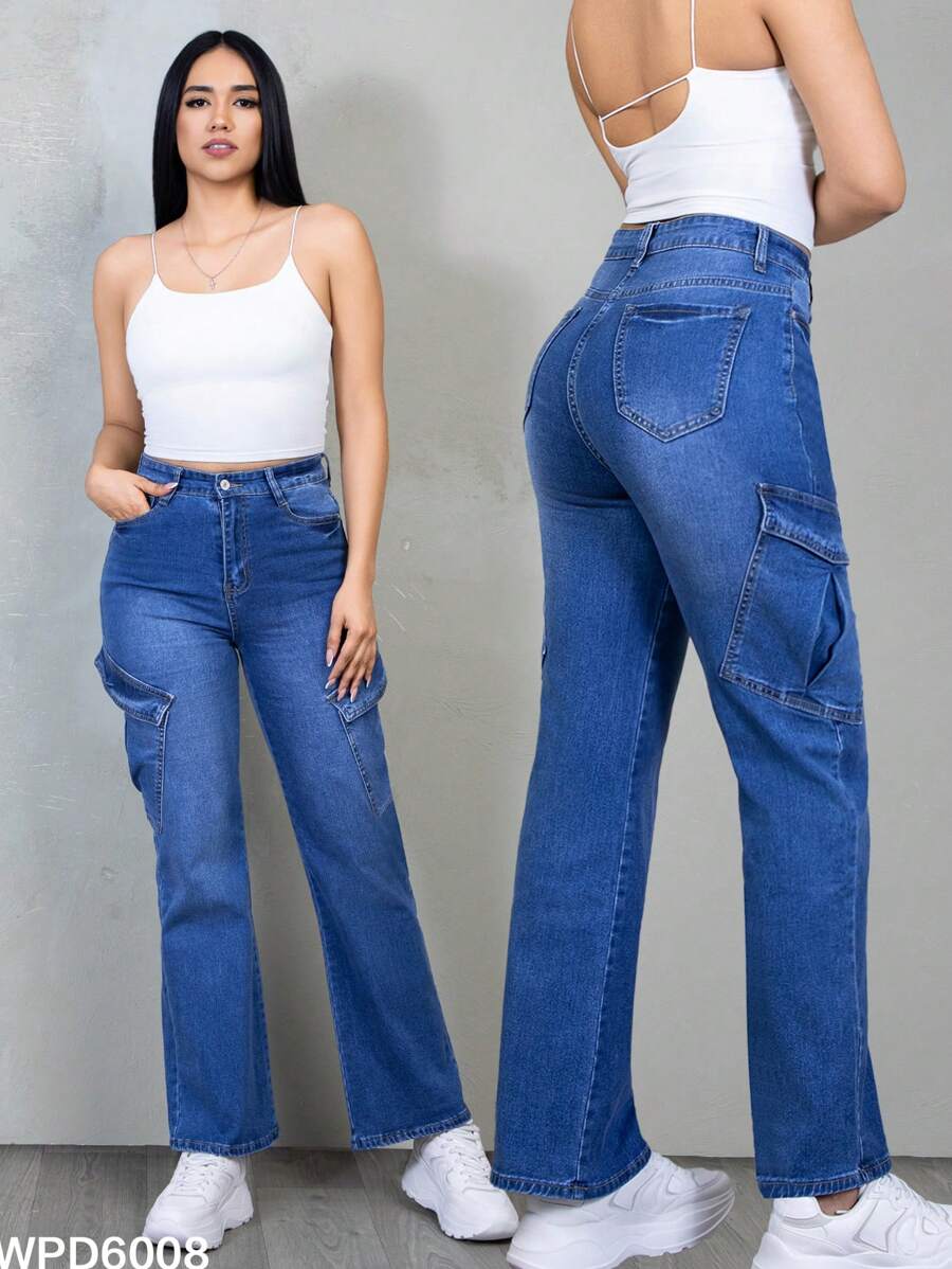 Blue Denim Cargo Jeans, Wide Straight Fit, Pants With Large Side Pockets, Urban Style