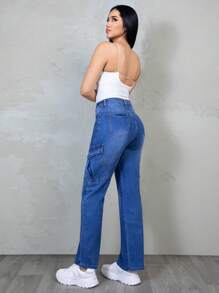 Blue Denim Cargo Jeans, Wide Straight Fit, Pants With Large Side Pockets, Urban Style