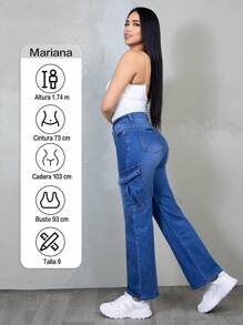 Blue Denim Cargo Jeans, Wide Straight Fit, Pants With Large Side Pockets, Urban Style