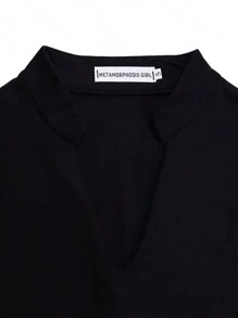 Women's Plus Size Tracksuits Outfits Solid Color V-Neck Long Sleeve Slit Hem Tops With Leggings 2 Pcs Set - Black - View 7