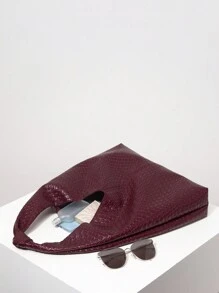 女士复古仿皮编织图案托特包，大容量单肩托特包，女士工作包，秋冬女士钱包，酒红色钱包，女士礼物，圣诞包（图案随机），时尚酒红色包