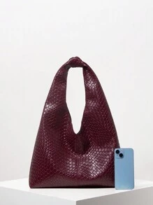 女士复古仿皮编织图案托特包，大容量单肩托特包，女士工作包，秋冬女士钱包，酒红色钱包，女士礼物，圣诞包（图案随机），时尚酒红色包