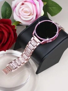 Women's Metal Diamond Strap + PC Shiny Diamond Hollow Shock-Absorbing And Drop-Proof Protective Case Compatible With Samsung Galaxy Watch 4 5 6 7 Series 40/44mm Strap Protective Case, Showing A Fashionable And Stylish Strap And Protective Case Combination - Pink - View 2