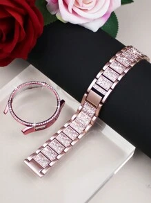 Women's Metal Diamond Strap + PC Shiny Diamond Hollow Shock-Absorbing And Drop-Proof Protective Case Compatible With Samsung Galaxy Watch 4 5 6 7 Series 40/44mm Strap Protective Case, Showing A Fashionable And Stylish Strap And Protective Case Combination - Pink - View 6