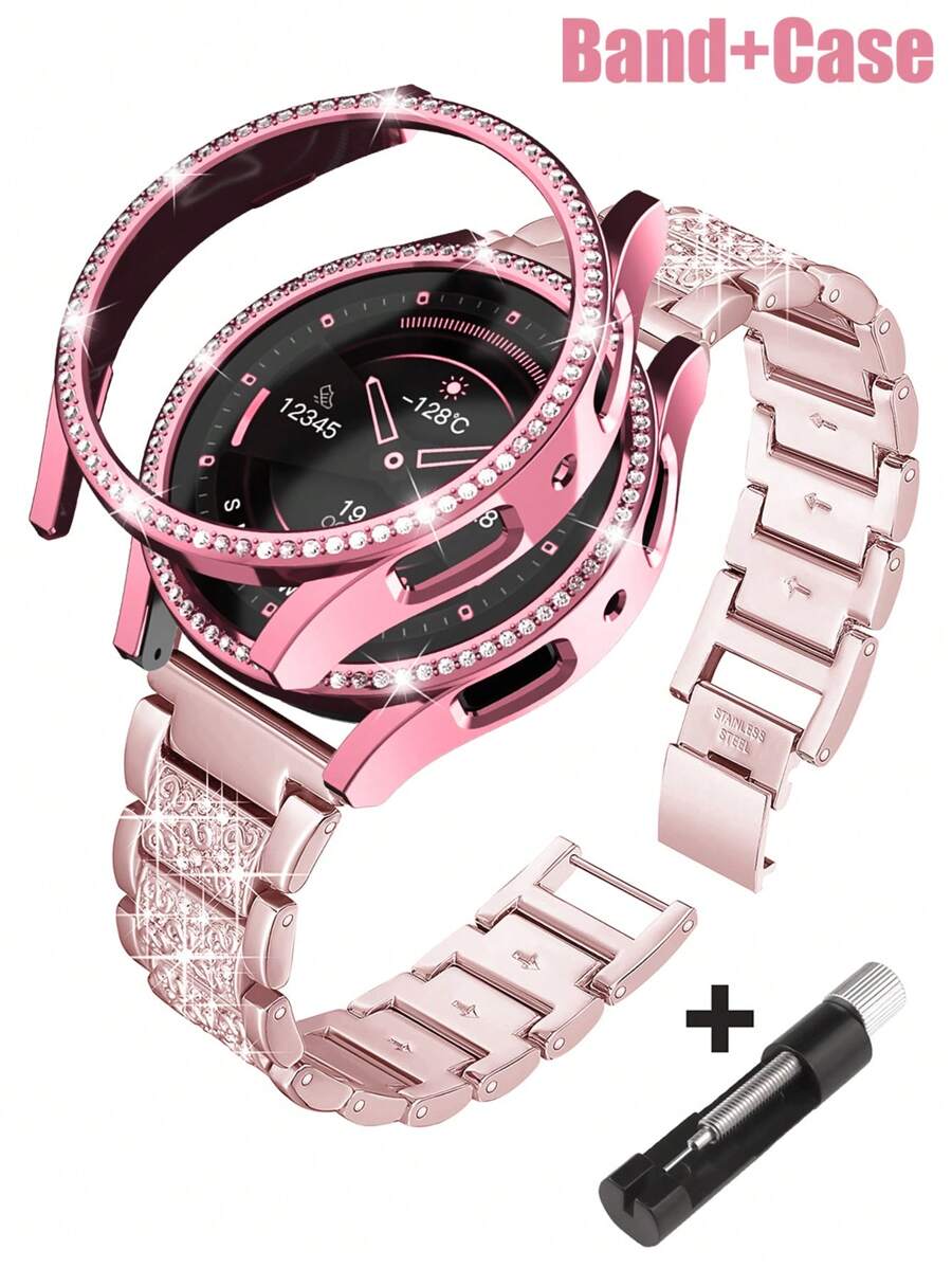 Women's Metal Diamond Strap + PC Shiny Diamond Hollow Shock-Absorbing And Drop-Proof Protective Case Compatible With Samsung Galaxy Watch 4 5 6 7 Series 40/44mm Strap Protective Case, Showing A Fashionable And Stylish Strap And Protective Case Combination - Pink - View 1