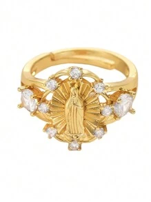 1pc 18k Gold-Plated Copper Oval Cubic Zirconia Virgin Mary Adjustable Open Ring,Fashionable Unisex Daily/Party/Event Accessory