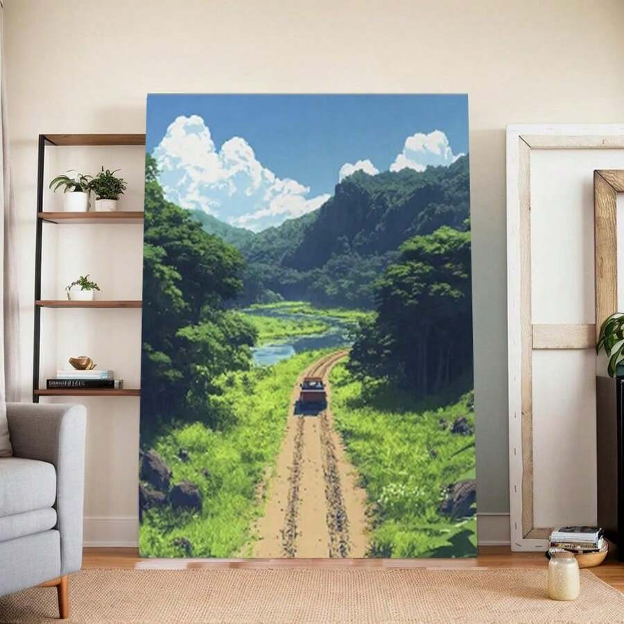 Textile Canvas Poster – Scenic Countryside Dirt Road Print   Effect Wall Art For Home, Office, Living Room, Bedroom – Abstract Landscape Artwork Without Frame