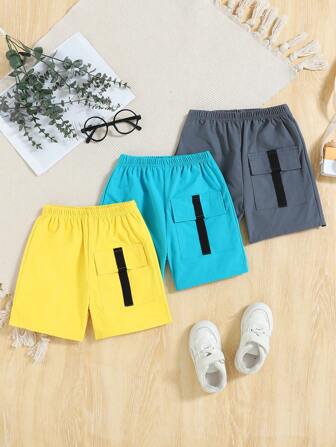 3 piezas Pantalones cortos para niño pequeño de colores brillantes con bolsillos tipo cargo y decoración con cordón, pantalones cortos de verano tejidos