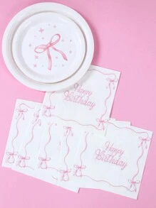 Pink Bowknot Themed Party Disposable Paper Tableware, 8pcs 7inch&9inch Happy Birthday Disposable Pink Paper Plates, 16pcs Bow Napkins Suitable For Pink Theme Party Decor, Party Favor, Birthday Decor, Birthday Gifts, Kitchen Decor, Gender Reveal Decor Babe Shower Decor Holiday Family Activities Event Party Decoration Supplies Set - Pink Bow - View 9