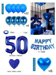 540 个蓝色生日快乐气球横幅，40 英寸（约 101.6 厘米）聚酯薄膜铝箔数字气球，蓝色心形气球，假蓝色玫瑰花瓣，适合女士、男士、生日派对装饰、蓝色主题派对家居装饰 - 寶藍色 - 查看 28