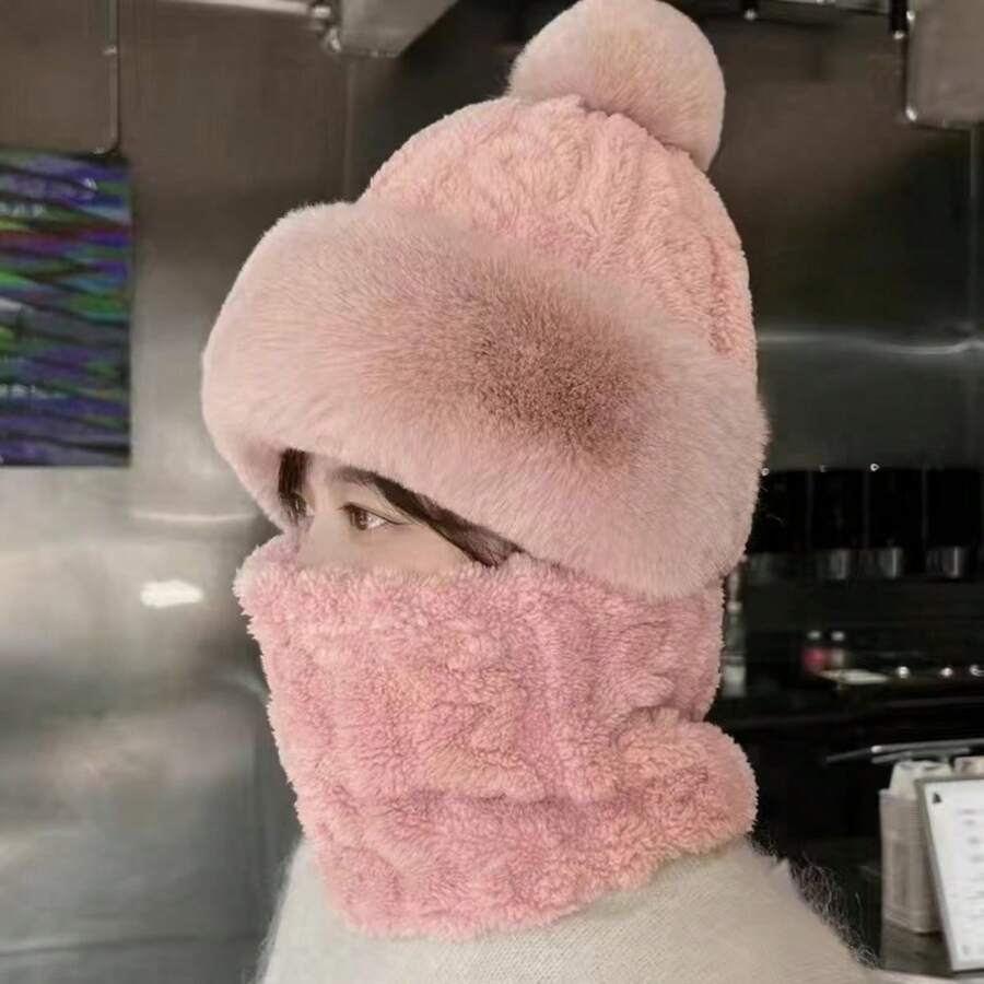 女士提花加厚防风围脖围巾带耳罩一体式帽子，冬季版