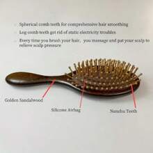 1pc Hand Carved Sandalwood Air Cushion Comb With Bamboo Teeth, Oval Scalp Massage Brush, Suitable For All Hairstyles, Wooden Hairstyle Comb
