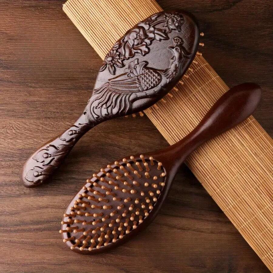1pc Hand Carved Sandalwood Air Cushion Comb With Bamboo Teeth, Oval Scalp Massage Brush, Suitable For All Hairstyles, Wooden Hairstyle Comb