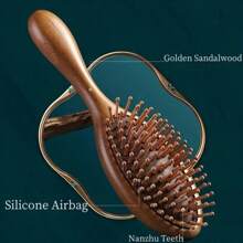 1pc Hand Carved Sandalwood Air Cushion Comb With Bamboo Teeth, Oval Scalp Massage Brush, Suitable For All Hairstyles, Wooden Hairstyle Comb