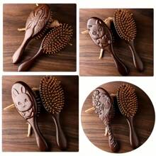 1pc Hand Carved Sandalwood Air Cushion Comb With Bamboo Teeth, Oval Scalp Massage Brush, Suitable For All Hairstyles, Wooden Hairstyle Comb
