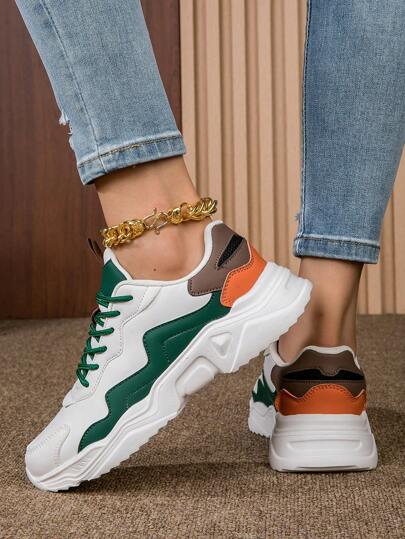 女士休闲运动鞋，新款春秋系带低帮皮革与网眼拼接透气轻便男女通用厚底运动鞋，时尚街头厚底防滑休闲户外步行旅游鞋