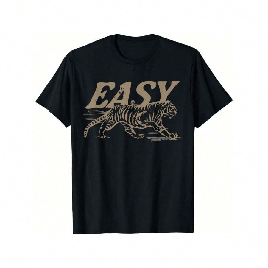 Easy Tiger Distressed Graphic For Women T-Shirt, Black Crew Neck, Casual And Stylish, Soft 100% Cotton - 黑色 - 查看 1