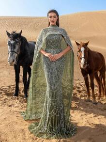 Luxurious Shimmering Beaded Sequin Maxi Cape Dress With Fish Tail Hem - Perfect For Weddings, Red Carpet Events, Desert Weddings, And Celebrity-Style Parties, Party Dress, Wedding Guest Dress, Formal Dress, Evening Dress,Gown