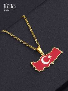 Hihho 1pc Fashion Stainless Steel Turkey Map Pendant Necklace, Silver/Gold Color Unisex Party Jewelry Accessory - Multicolor - View 2