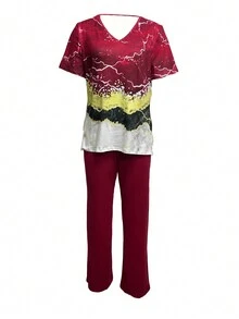 Set de 2 piezas de camiseta de manga larga con cuello en V estampada y pantalones largos casuales - Burdeos - Ver 3