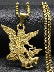 St. Michael Protect Us Stainless Steel Pendant Necklace, Unisex Gold Color Chain - Star - View 11