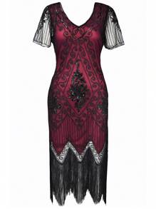 BABEYOND 1920s Art Deco Fringed Sequin Dress Roaring 20s Flapper Fancy Dress - 酒紅色 - 查看 4
