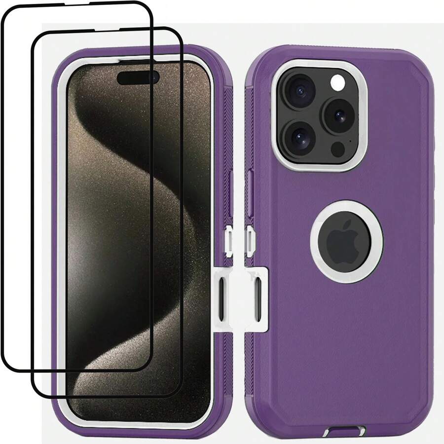 带屏幕保护膜的手机壳钢化玻璃适用于 iPhone 13/14/15/16 Pro Max Plus 重型三合一军用级防摔防尘耐用防护防震外壳适用于圣诞节、生日、新年礼物、冬季、送给家人、朋友、生日、女朋友、男朋友的礼物，送给家人、朋友、孩子、生日、春季、节日、男朋友、女朋友、情人节的礼物 - 紫色/白色 - 查看 1
