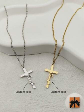 1pc Personalized Minimalist Stainless Steel Cross Name Initial Necklace Pendant, Perfect For Daily Wear And Festival Gift, Unisex - Silver Gold,Silver Stylish,Fall Fashion,Vintage,Contracted,Simple,Unisex,Old Money,Casual Custom,Personalized