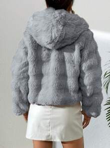 Linda chamarra de pelo sintetico sencilla para dama peluda con capucha de temporada - Gris - Ver 5