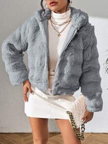 Linda chamarra de pelo sintetico sencilla para dama peluda con capucha de temporada - Gris - Ver 1