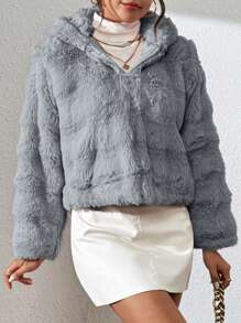 Linda chamarra de pelo sintetico sencilla para dama peluda con capucha de temporada - Gris - Ver 2