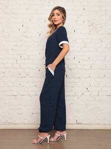 Women's Two-Tone Dune Fabric Suit With Long And Short Sleeves - 藏蓝色 - 查看 5