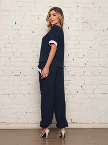 Women's Two-Tone Dune Fabric Suit With Long And Short Sleeves - 藏蓝色 - 查看 2