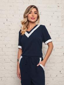 Women's Two-Tone Dune Fabric Suit With Long And Short Sleeves - 藏蓝色 - 查看 3