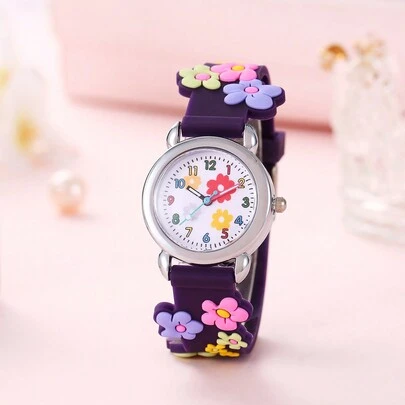 1pc Kids Purple PVC Strap Fashionable Butterfly Pattern Round Dial Quartz Watch, For Daily Decoration