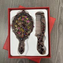 Exquisite Small Relief Antique Peacock Open Screen Handheld Mirror & Portable Creative Sense Comb, Gift Box With Greeting Gifts And Birthday Gifts,The Color Of The Gemstones Inlaid In The Product Is Random,Women Valentine Gift Birthday Boyfriend Girlfriend