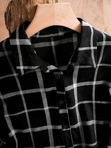 女士休闲通勤格子衬衫裙 - 黑與白 - 查看 3