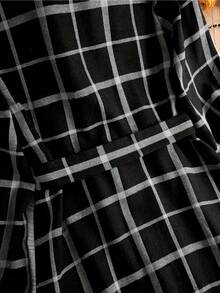 女士休闲通勤格子衬衫裙 - 黑與白 - 查看 4
