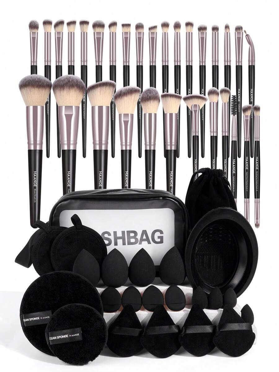 MAANGE 30pcs Professional Makeup Brushes With Velvet Bag+20pcs Powder Puff Accessories+1pc Silicone Cleaning Bowl+1pc Waterproof Wash Bag,Makeup Tools With Soft Brush Hair For Easy Carrying,Foundation Brush,Eye Shadow Brush,Blending Brush,Eyebrow Brush,Brush Set For Travel - 黑色 - 查看 1