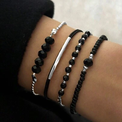 Juego de 4 pulseras de cuentas de cristal negro hechas a mano, elegantes y elegantes, para mujer, ideal como regalo para fiestas.