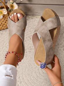 New Cross Strap Platform Slide Sandals, Casual Fashion Wedge Slippers, Outdoor Versatile Anti-Slip & Odor Resistant Lightweight Sandals Valentines - Beige - View 5