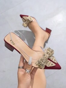 女士蝴蝶结高跟鞋，时尚尖头PVC透明包头粗跟鞋，优雅百搭，适合日常穿着、通勤、派对、活动、礼服等场合，酒红色奢华水晶装饰粗跟鞋，2025新款新娘婚鞋，正式场合鞋履，天鹅绒酒红色高跟鞋，适合圣诞节、新年等场合。