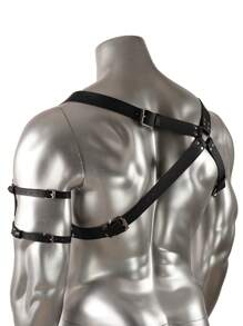 1pc Men's Leather Bound Wide Strap Punk Gladiator Muscle Line Harness Safety Belt Party Outfit Accessory - Black - View 3