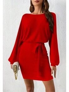 Vestido Casual De Manga Larga Y Cinturón Modelo Paraguay 2 Modelo Epifania - Rojo - Ver 1