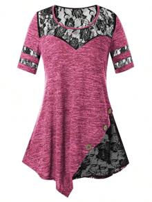 Plus Size Elegant Lace Accent T-Shirt With Asymmetric And Button Details - Pink - View 6
