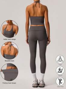 Sodalemon 春夏两件套女士健身吊带加垫背心上衣翻腰瑜伽紧身裤运动套装 - 灰色 - 查看 8