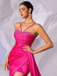 Hand Beading Formal Evening Dresses Long With High Split Elegant Mermaid Ruched Bust Prom Gown With Side Long Draping Formal Evening Party Dresses - Hot Pink - View 8