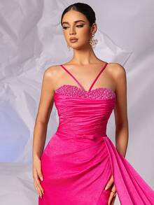 Hand Beading Formal Evening Dresses Long With High Split Elegant Mermaid Ruched Bust Prom Gown With Side Long Draping Formal Evening Party Dresses - Hot Pink - View 7