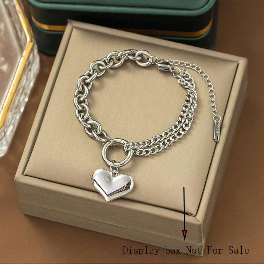 Fashionable Stainless Steel Heart & Almond Shaped Chunky Link Chain Bracelet Valentines,Mom,Mother,Mother's Day,Gift