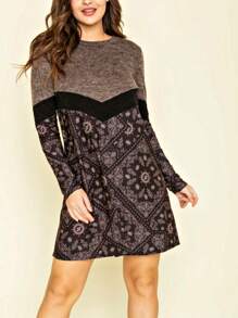 Boho Retro 70's 90's Vintage Black Black Olive Mocha Pink Mint Knit Brushed Ruffle Tiered Color Block Stripe Tunic Dress - 摩卡棕 - 查看 4